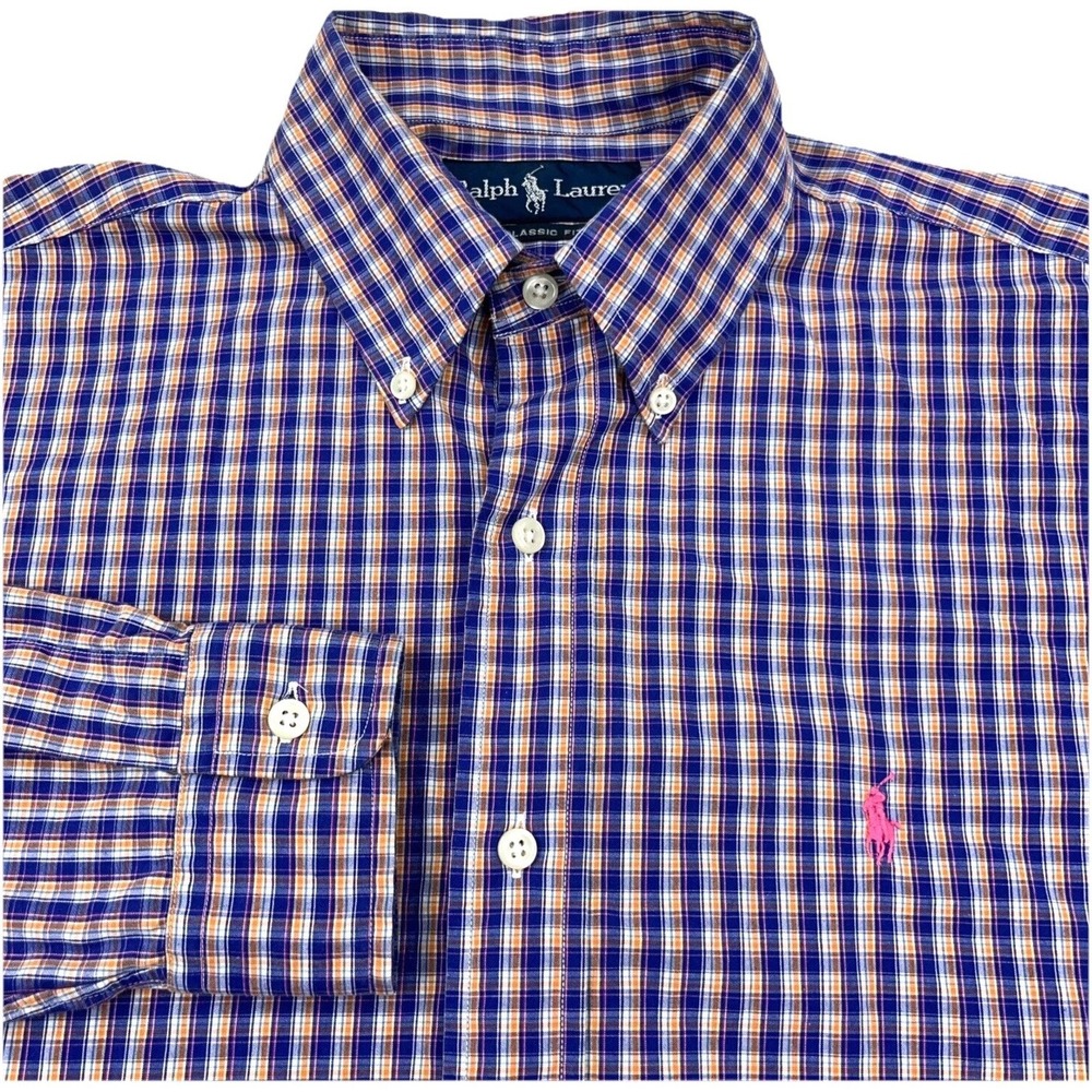 Ralph Lauren Shirt Men Small Oxford Button Up Blue Orange Pink Plaid Classic Fit